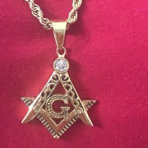 Masonic Temple Gold Stainless Steel Symbol & Chain w/ Rhinestone Atop.